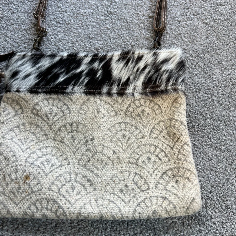Myra Bag Crossbody Bag Cream Brown Hair-on Hide Canvas Western Boho dual‎ strap